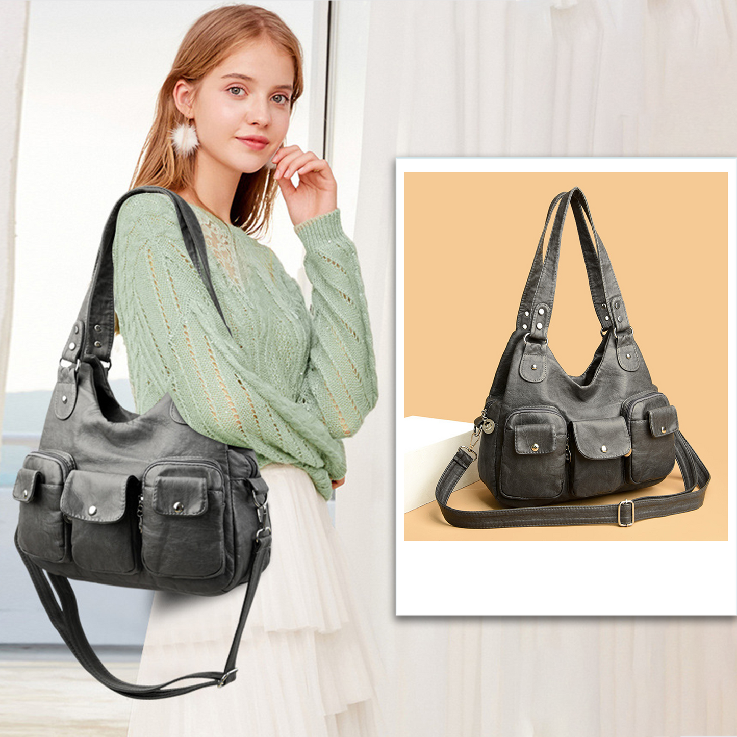 Xpurse Women's Shoulder Bag, Multi-Pocket Armpit Bag, PU Crossbody Bag, Adjustable Tote Bag