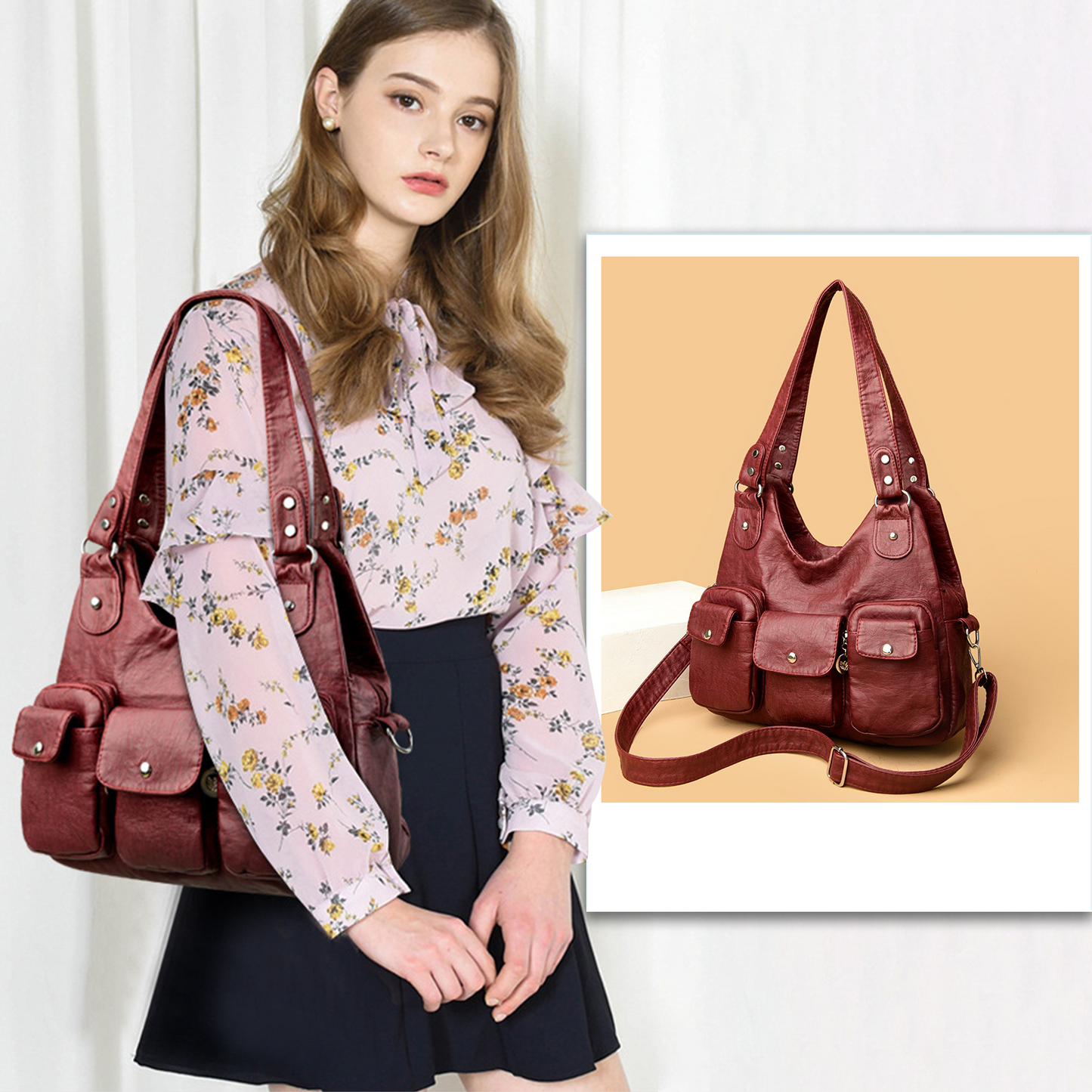 Xpurse Women's Shoulder Bag, Multi-Pocket Armpit Bag, PU Crossbody Bag, Adjustable Tote Bag