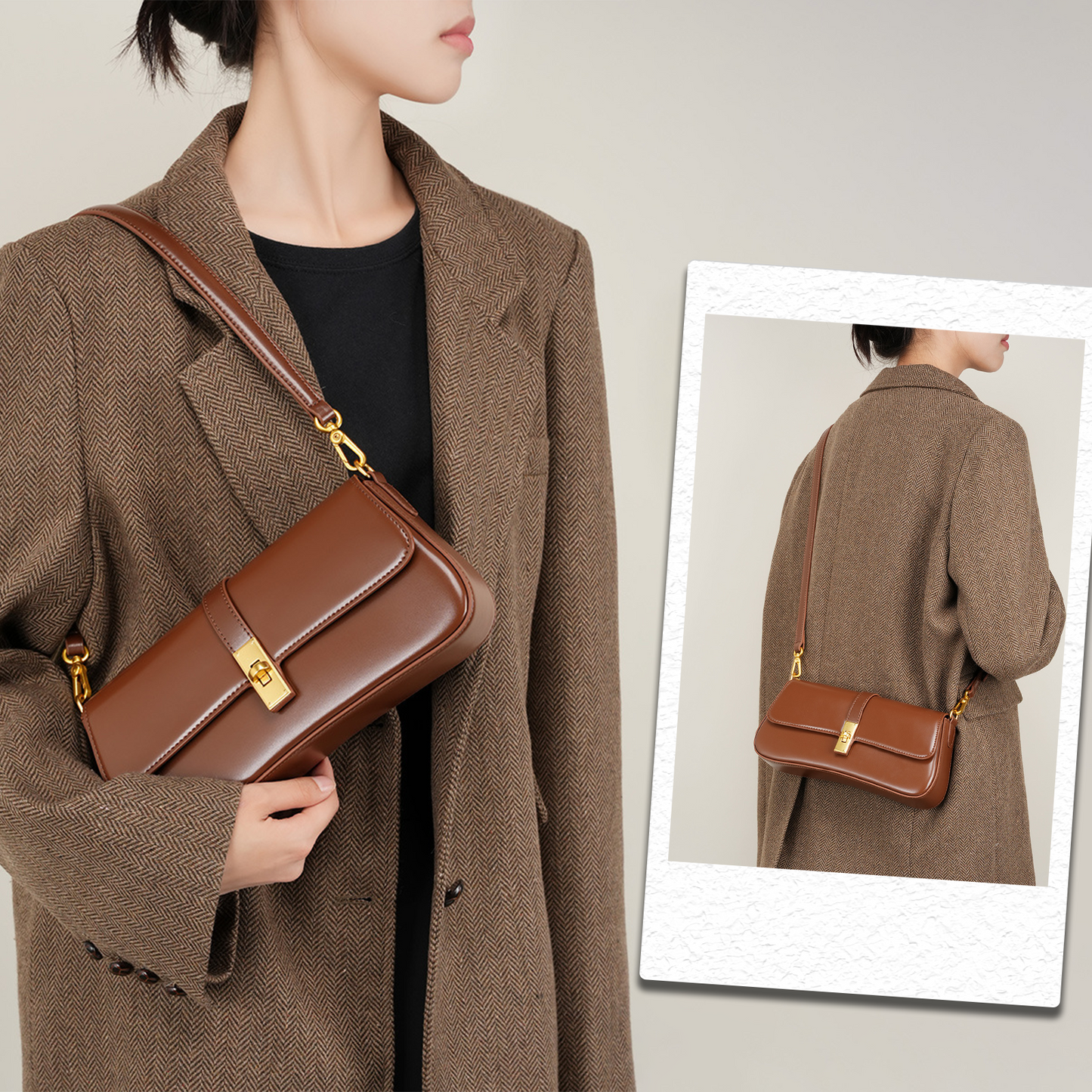 Xpurse Women's Cowhide Shoulder Bag, Underarm Bag, Vintage Leather Crossbody Bag, Adjustable Multi-Purpose Bag