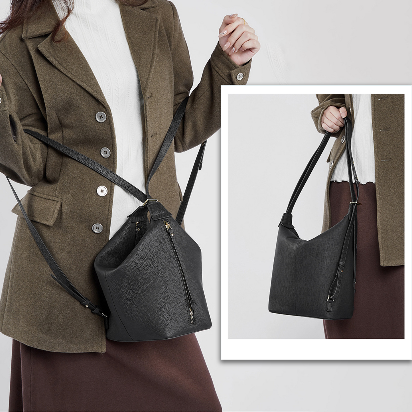 Xpurse Women's Shoulder Bag, Leather Backpack, Vintage Tote Bag in Cowhide Leather on the Top, Adjustable Closure Bag