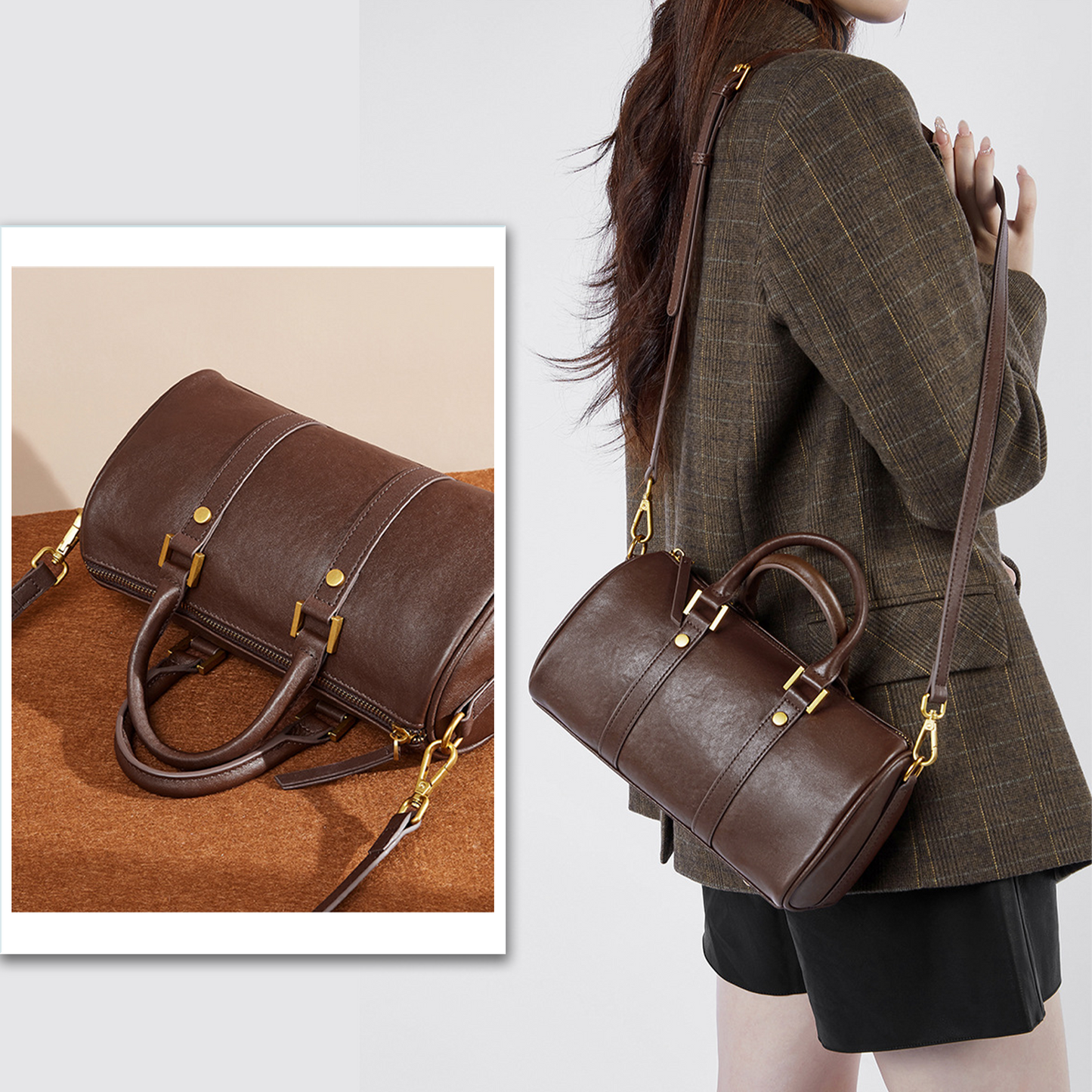 Xpurse Women's Shoulder Bag, Boston Bag, Vintage Leather Crossbody Bag, Adjustable Cowhide Handbag