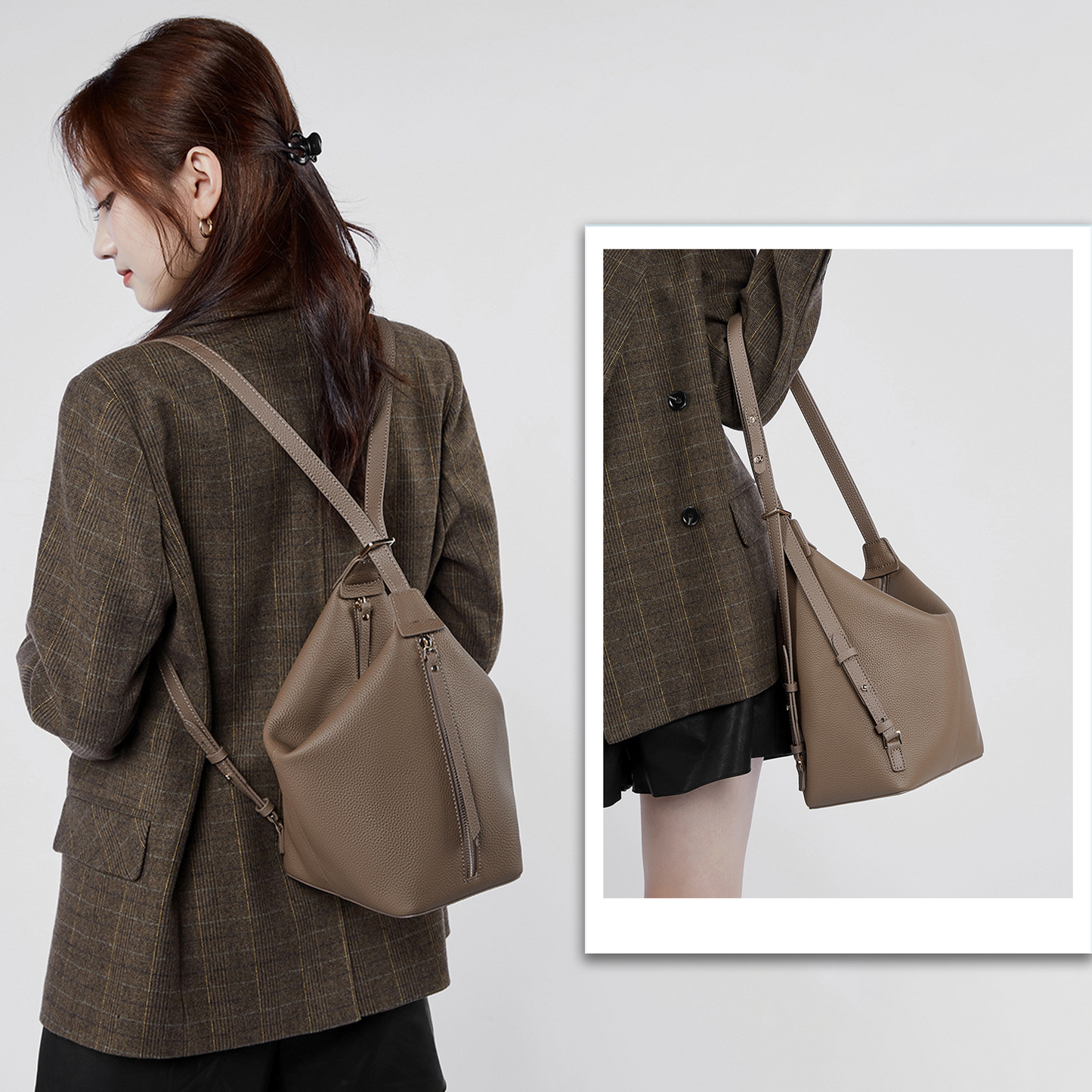 Xpurse Women's Shoulder Bag, Leather Backpack, Vintage Tote Bag in Cowhide Leather on the Top, Adjustable Closure Bag
