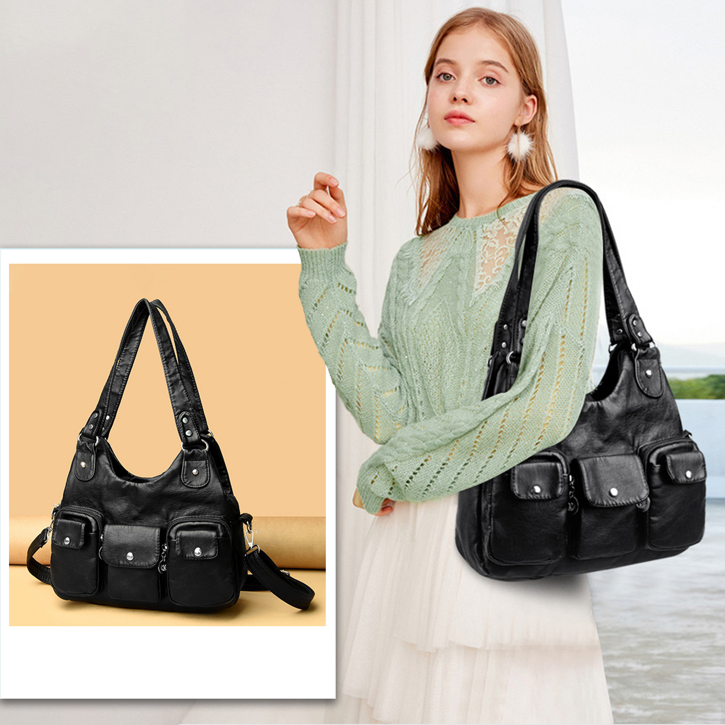 Xpurse Women's Shoulder Bag, Multi-Pocket Armpit Bag, PU Crossbody Bag, Adjustable Tote Bag