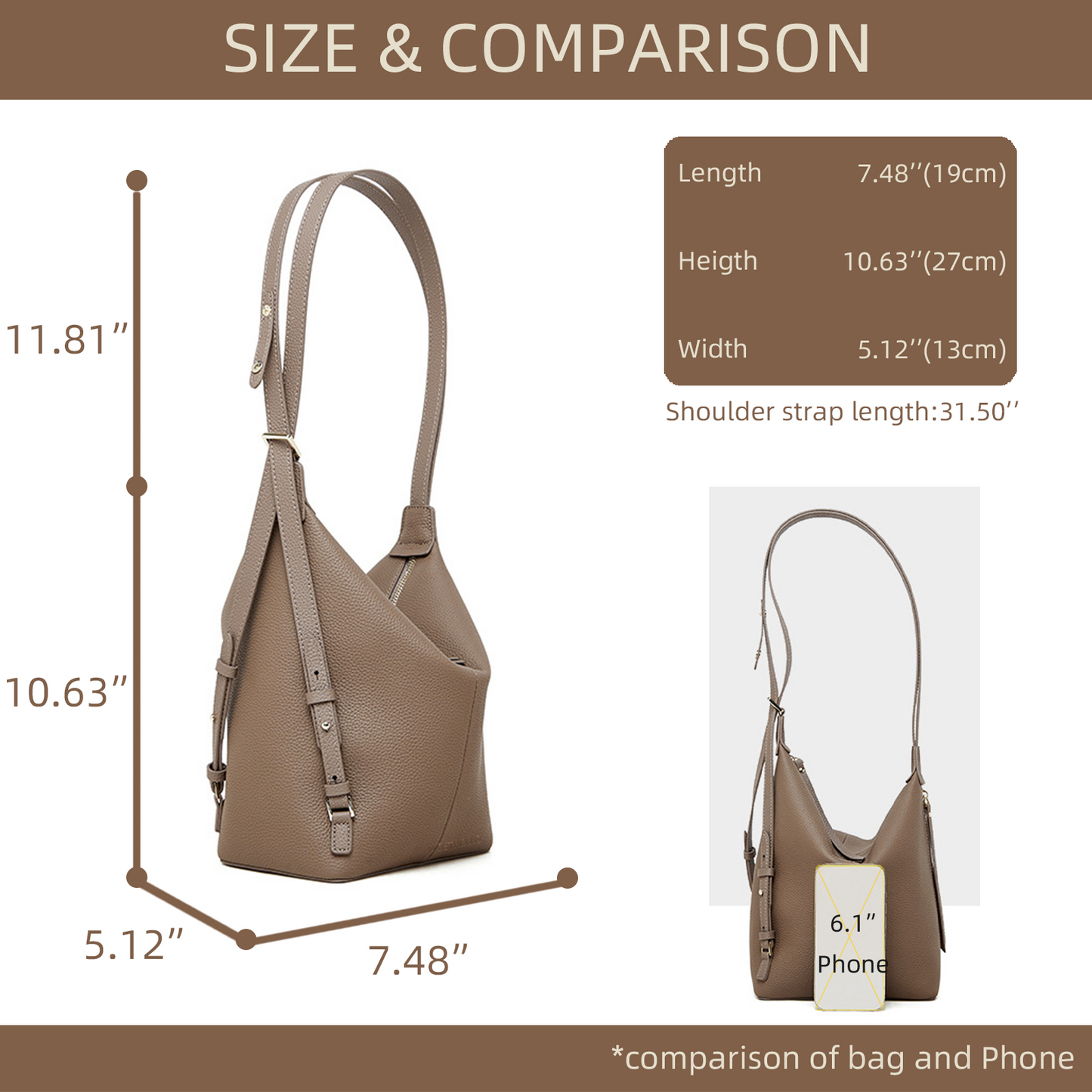Xpurse Women's Shoulder Bag, Leather Backpack, Vintage Tote Bag in Cowhide Leather on the Top, Adjustable Closure Bag