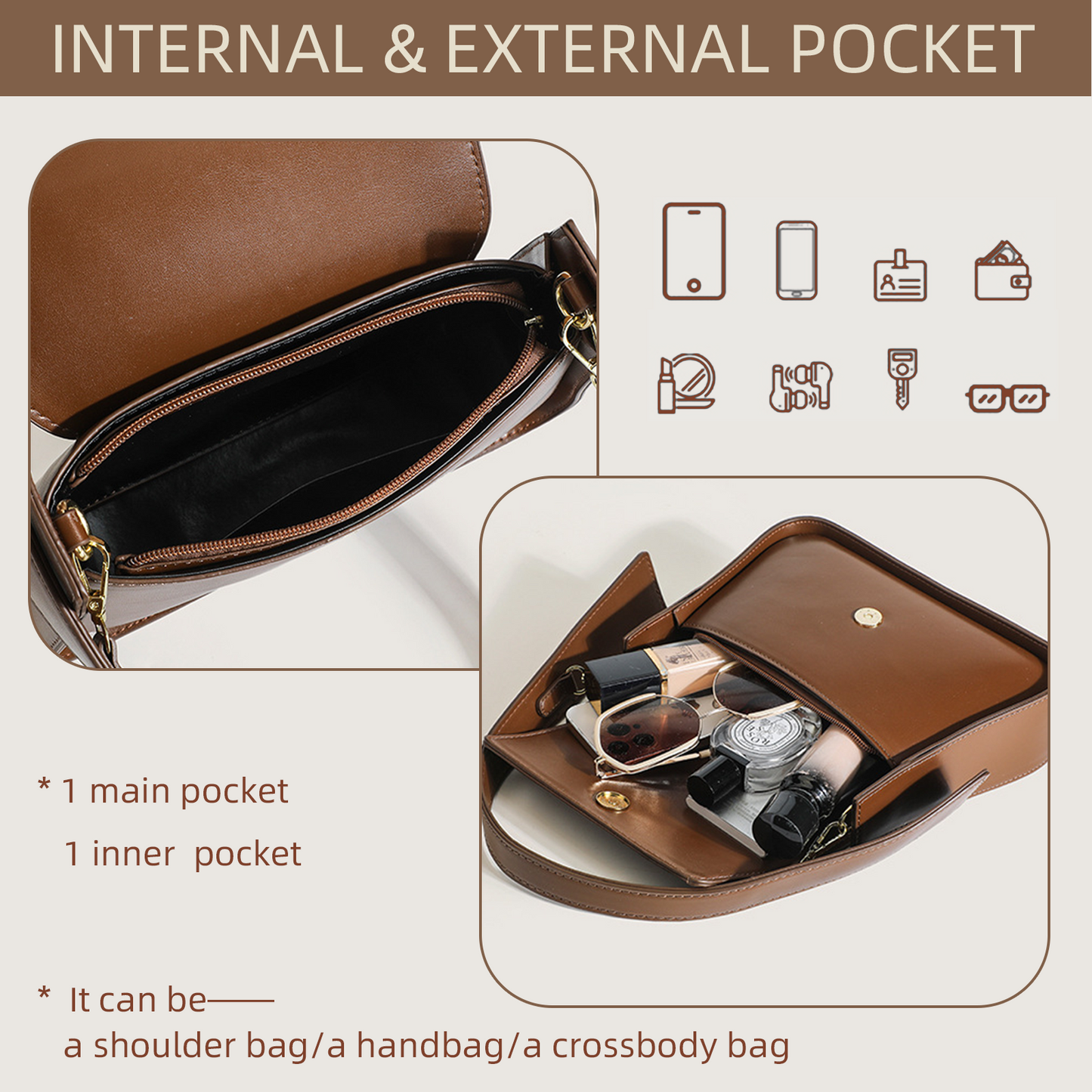 Xpurse Women's Shoulder Bag, Underarm Bag, Vintage PU Crossbody Bag, Adjustable Bag with Lock-Closure Opening
