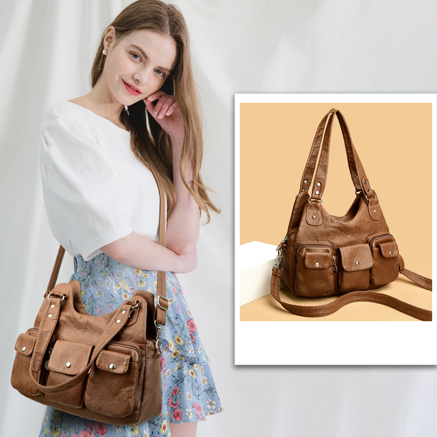 Xpurse Women's Shoulder Bag, Multi-Pocket Armpit Bag, PU Crossbody Bag, Adjustable Tote Bag