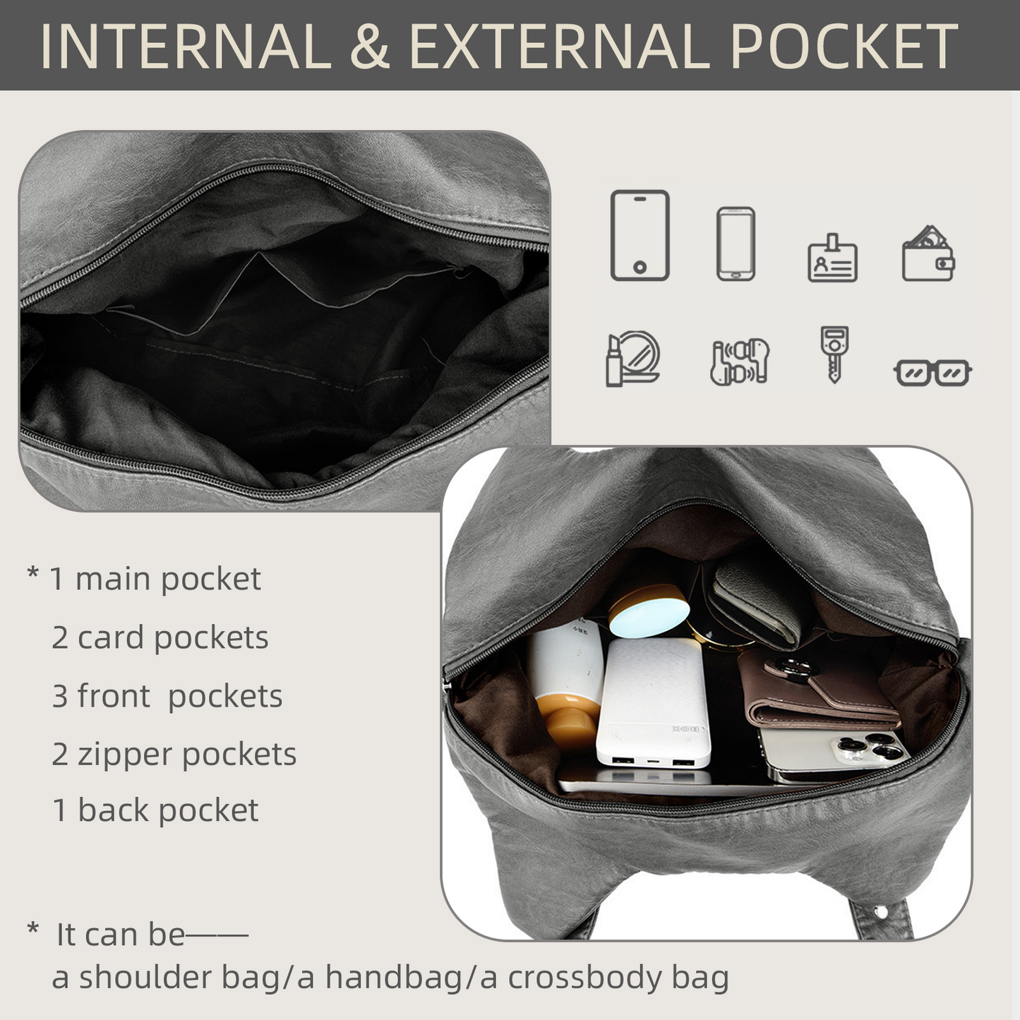 Xpurse Women's Shoulder Bag, Multi-Pocket Armpit Bag, PU Crossbody Bag, Adjustable Tote Bag