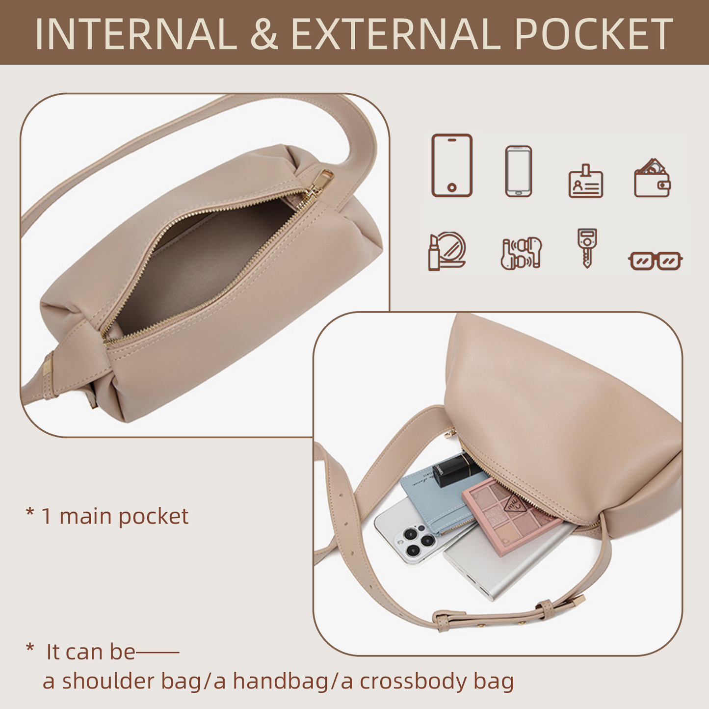 Xpurse Women's Simple Handbag, Soft Underarm Bag, Solid Color Tote Bag