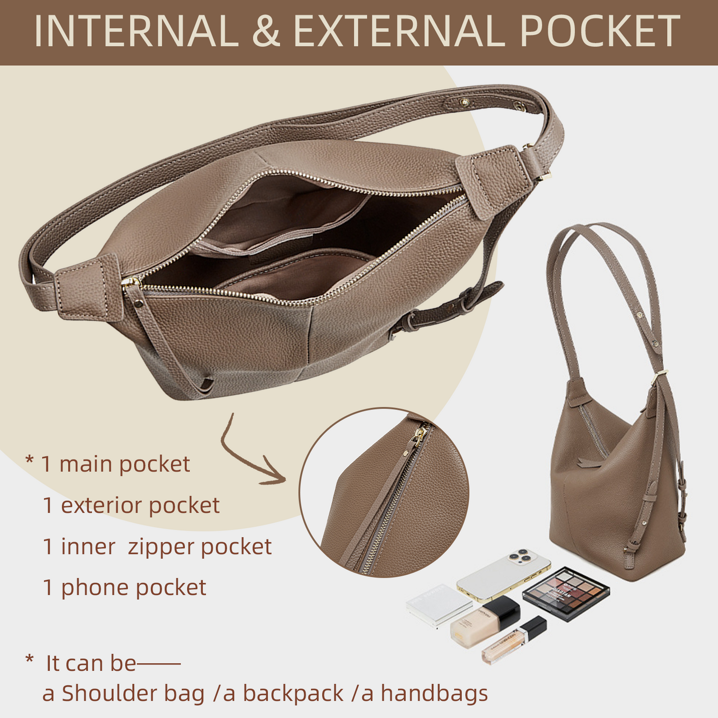 Xpurse Women's Shoulder Bag, Leather Backpack, Vintage Tote Bag in Cowhide Leather on the Top, Adjustable Closure Bag