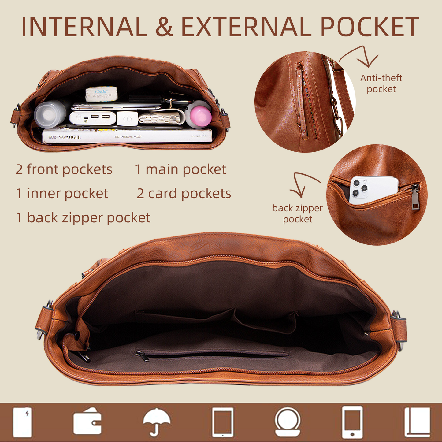 Xpurse Women's Shoulder Bag Stylish large capacity PU tote bag, shopping casual tote bag, crossbody adjustable large bag, zippered